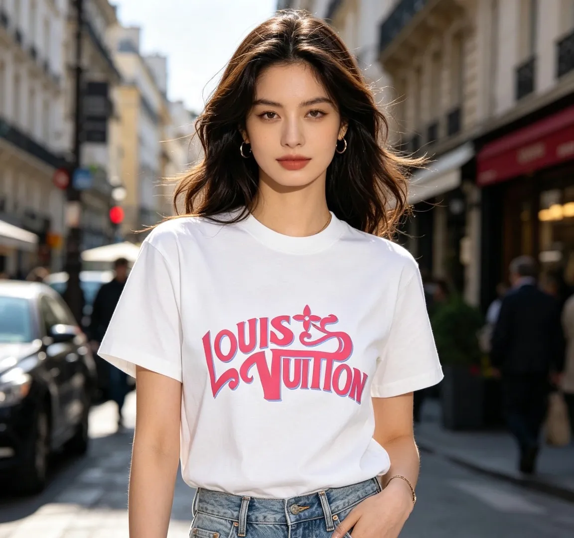 Louis Vuitton/Louis Vuitton pink graffiti 3D letter short sleeves